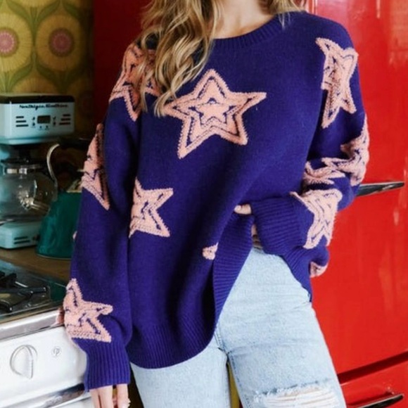 Fantastic Fawn Sweaters - Stars blue peach oversized sweater small